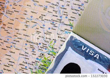 Visa to USA and trip to United States. Visa sign with background United States map close up Visa to USA and trip to United States. Visa sign with background United States map close up 132273030