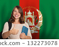 Happy woman student against Afghan flag background. Fight for womens rights in Afghanistan concept 132273078