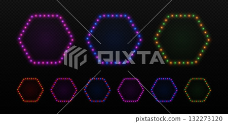 Light hexagon neon frame with bulbs. Glow retro lamps border for advertising casino, cinema and parties. Vector set of led elements. 132273120