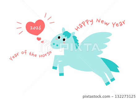 可愛的飛馬和心形 2026 馬年新年賀卡 可愛的飛馬和心形 2026 馬年新年賀卡 132273125