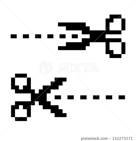 Pixel Art Scissors with Dashed Cut Line 132273171