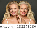 Happy blonde young model woman and mature woman. Two female faces collage set. Old and young face 132273180