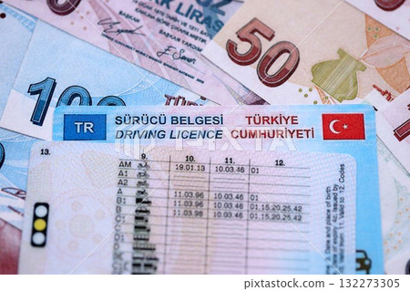 Turkiye driving permit concept. Driver license and turkish liras money bills close up 132273305