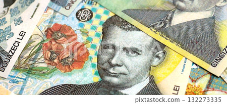 Romanian Leu currency money bills. RON currency banknotes in big amount with different denomination close up 132273335