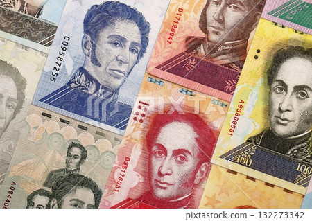 Venezuelan Bolivar currency money bills in big amount. VED currency banknotes with different denomination close up Venezuelan Bolivar currency money bills in big amount. VED currency banknotes with different denomination close up 132273342