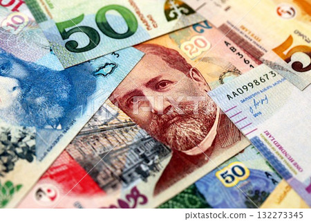 Georgian Lari currency money bills in big amount. GEL currency banknotes with different denomination close up 132273345