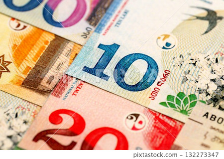 Georgian Lari currency money bills in bunch. GEL currency banknotes with different denomination close up 132273347