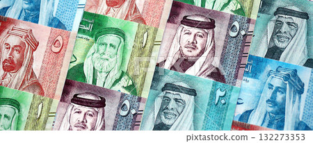 Jordanian Dinar currency money bills. JOD currency banknotes in big amount with different denomination close up Jordanian Dinar currency money bills. JOD currency banknotes in big amount with different denomination close up 132273353