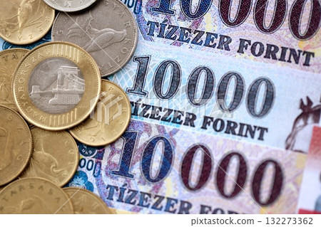 Large amount of Hungarian Forint currency money bills and coins. HUF currency banknotes and coins close up Large amount of Hungarian Forint currency money bills and coins. HUF currency banknotes and coins close up 132273362
