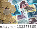 Hungarian Forint currency money bills and coins. HUF currency banknotes and coins close up 132273365