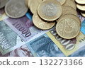 Hungarian Forint currency money bills and coins. Many HUF currency banknotes and coins close up 132273366