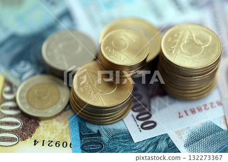 Large amount of Hungarian Forint currency money bills and coins. HUF currency banknotes and coins close up Large amount of Hungarian Forint currency money bills and coins. HUF currency banknotes and coins close up 132273367