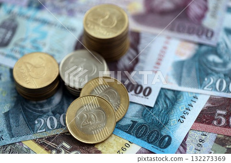 Heap of Hungarian Forint currency money bills and coins. HUF currency banknotes and coins close up Heap of Hungarian Forint currency money bills and coins. HUF currency banknotes and coins close up 132273369