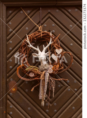Decorative Wreath on Door in Rothenburg ob der Tauber Germany Decorative Wreath on Door in Rothenburg ob der Tauber Germany 132273374