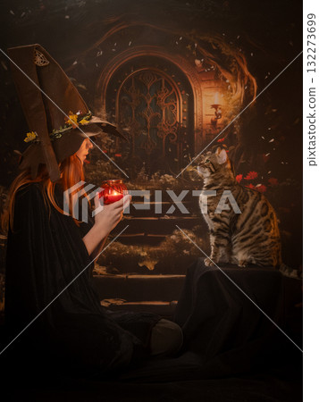 A witch and her cat are looking at the fire. Beautiful fairy-tale picture A witch and her cat are looking at the fire. Beautiful fairy-tale picture 132273699