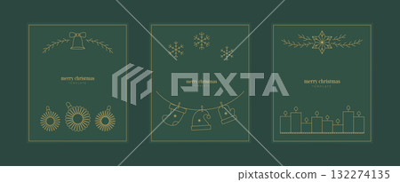 Simple line Merry Christmas, Happy New year banner, poster, card, invitation designs. Cute minimalist vector winter templates with christmas tree toys, snowflakes, boxes, foliage. Simple line Merry Christmas, Happy New year banner, poster, card, invitation designs. Cute minimalist vector winter templates with christmas tree toys, snowflakes, boxes, foliage. 132274135