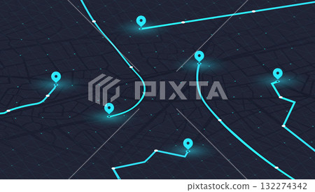 Urban travel in dark city navigation with glowing GPS routes. City Map with Routes. Highlighted poi and destination points, abstract urban travel path. Vector illustration 132274342