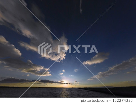 Dramatic evening sky with a variety of clouds and the harbor, winter, ultra-wide angle, sky-focused, 250104pm 132274353