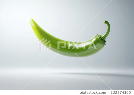 Single green chili pepper suspended in mid-air against soft grey background, with subtle light reflections highlighting its glossy surface. Neural network AI generated 132274390