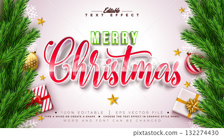 Merry Christmas Text Effect Design Editable Vector Graphic Style with Red 3D Typography Lettering, Ornaments and Fir Branch on White Background. Winter Holiday Scalable Illustration Template for 132274430