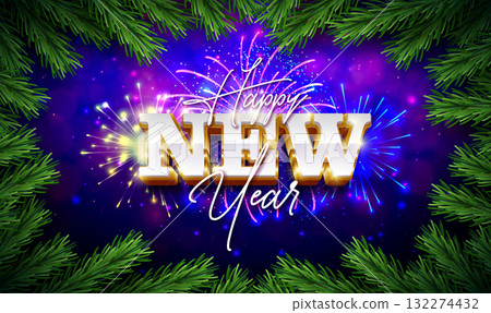 2026 Happy New Year Greeting Card Design with Gold White 3d Typography Lettering and Fir Branch Garland on Fireworks Explosion Background. Christmas Holiday Celebration Illustration for Calendar 132274432