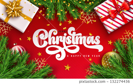 Merry Christmas and Happy New Year Greeting Card Banner with Fir Branch, Gift Box and Typography Lettering on Red Background. Vector Xmas Holiday Season Design with Decoration Elements for Party Flyer Merry Christmas and Happy New Year Greeting Card Banner with Fir Branch, Gift Box and Typography Lettering on Red Background. Vector Xmas Holiday Season Design with Decoration Elements for Party Flyer 132274436