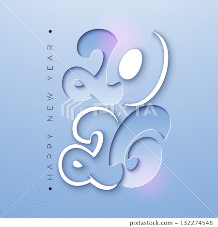 Happy New Year 2026 Greeting Card Design with Cut Out Number on Light Blue Background. Christmas Holiday Celebration Illustration with Logo Typography for Calendar, Flyer, Banner, Poster, Party 132274548