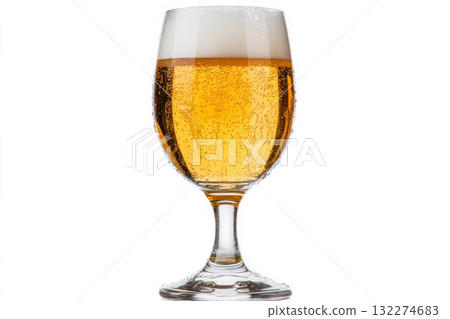 Crisp golden beer in tall glass, white foamy head, isolated on white background, highlighting refreshing texture. Neural network AI generated 132274683