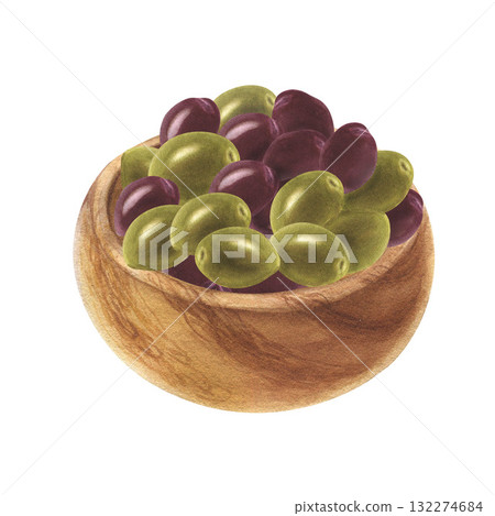 Drawing of ripe green and black olives in a wooden bowl. Watercolor illustration for cookbooks, recipes for canning and cooking organic products, agricultural exhibitions. Drawing of ripe green and black olives in a wooden bowl. Watercolor illustration for cookbooks, recipes for canning and cooking organic products, agricultural exhibitions. 132274684