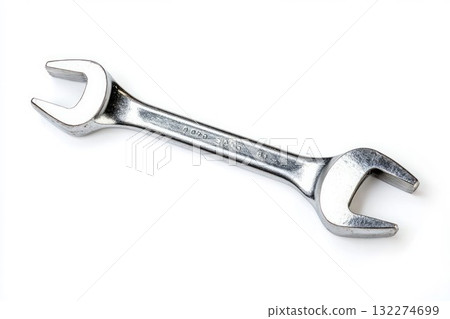 Shiny metallic double-ended wrench on solid white background. Chrome surface reflects light, showcasing tools craftsmanship. Neural network AI generated Shiny metallic double-ended wrench on solid white background. Chrome surface reflects light, showcasing tools craftsmanship. Neural network AI generated 132274699