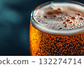 Cold beer glass with frothy head, covered in droplets. Warm lighting, amber color palette evokes refreshing taste. Neural network AI generated 132274714