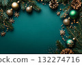 Holiday-themed wreath with pine branches, gold ornaments, and pinecones on solid teal background. Circular arrangement creates festive atmosphere. Neural network AI generated 132274716