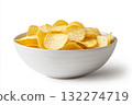 White bowl filled with golden potato chips, isolated against solid white background, showcasing texture and crispiness. Neural network AI generated 132274719