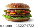 Juicy cheeseburger with lettuce, tomato, cheese, pickles, and sauce on sesame bun. Isolated against white background, showcasing vibrant colors. Neural network AI generated 132274722