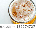 Macro view of frothy beer with bubbles, captured in warm sunlight. Soft focus on glass edge enhances refreshing golden liquid. Neural network AI generated 132274727