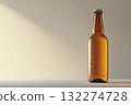 Transparent amber glass bottle standing upright against solid white background. Soft lighting enhances bottle texture and color. Neural network AI generated 132274728