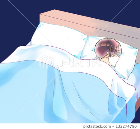 Sad man sleeping in a double bed Sad man sleeping in a double bed 132274780