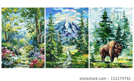 triptych, Mountain Nature Triptych, Textured Oil Paintings with Forest, Flowers and Bison, Impasto Landscape Wall Art Set 132274782