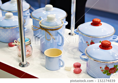 Enameled kitchen stock pots in store 132274839
