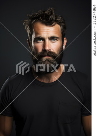 Man with beard and mustache in black tshirt, dark background 132274964