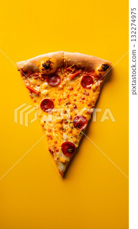 Pepperoni Pizza on a yellow background is a quick, delicious snack 132274975