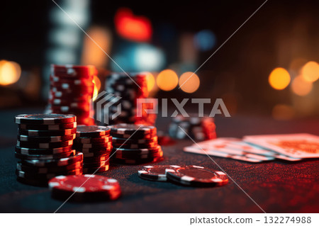 Stacks of red, black and white poker chips with playing cards on dark casino table 132274988