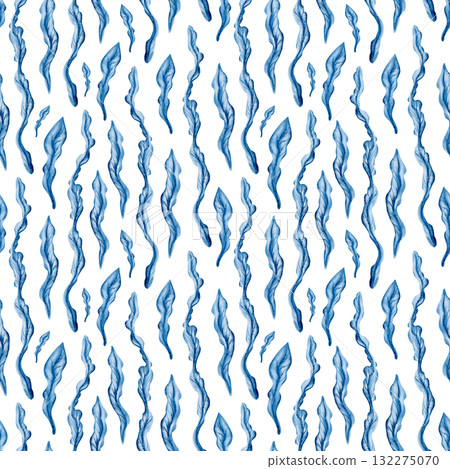 Stylized laminaria kelp sways in a serene blue underwater wild world in seamless pattern.Simple watercolor textures in monochrome create a peaceful marine ambiance,for oceanic designs,themed parties Stylized laminaria kelp sways in a serene blue underwater wild world in seamless pattern.Simple watercolor textures in monochrome create a peaceful marine ambiance,for oceanic designs,themed parties 132275070