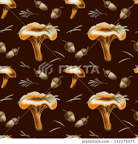 Whimsical chanterelle mushrooms with needles and a tiny twig in seamless pattern evoking autumns charm,in watercolor and colored pencil technique.For storytelling in childrens books and nature-themed 132275073