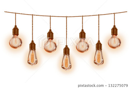 Vintage retro glowing bulbs garlands in template creates a mood of festivity and celebration,makes the exterior cozy and memorable.The watercolor illustration on white background 132275079