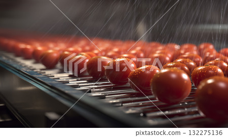 Ripe Tomatoes Washed on Metal Rollers in Industrial Food Processing Facility 132275136