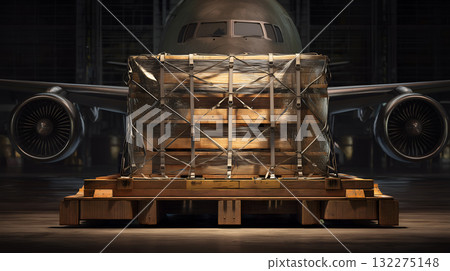 Secured Cargo Crate on Pallet in Front of Jet Aircraft Inside Hangar for Air Freight Operations 132275148