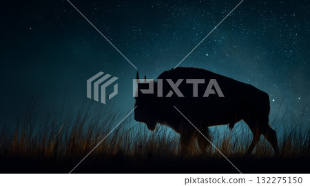 Silhouetted Bison in Tall Grass Under Starry Night Sky with Illuminated Contours and Natural Texture Silhouetted Bison in Tall Grass Under Starry Night Sky with Illuminated Contours and Natural Texture 132275150