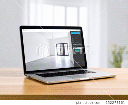 Simple image of a laptop on a desk. Color halftone. 132275161
