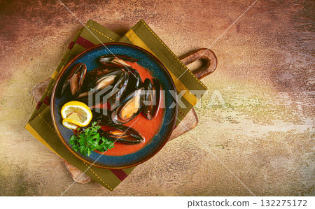 Fra Diavolo mussels, mussels in tomato sauce, Italian dish, on the table, top view, homemade, no people, 132275172